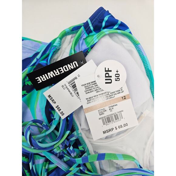 Women's Blue Tropical Leaves Crisscross Scoop Neck Sleeveless Tankini Top - Picture 6 of 6